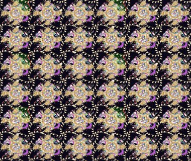 Asya tekstil tarzında. Renkli Bahar Teması eskiz kalıbı. Güzel kumaş deseni. Raster illüstrasyonu. Düz Çiçek Elementleri Tasarımı. Çiçek desenini çiz.