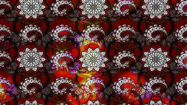 Çiçek desenli çizim. Asya tekstil tarzında. Siyah ve kahverengi renkte çiçekler. Raster illüstrasyonu. Raster illüstrasyonu.