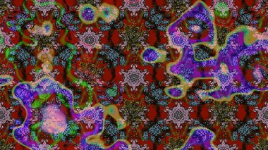 Çiçek desenli çizim. Kahverengi ve kırmızı renkte çiçekler. Asya tekstil tarzında. Raster illüstrasyonu. Raster illüstrasyonu.