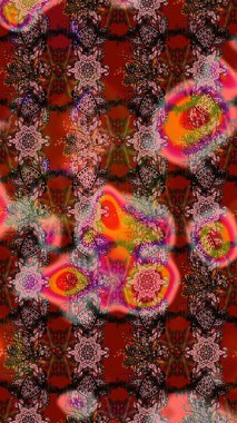 Raster illüstrasyonu. Eski usul. Kumaş, tekstil, duvar kağıdı baskısı için. Renkli desenli eskiz deseni, çiçekler ve dekoratif elementlerle. Taslak arkaplan.