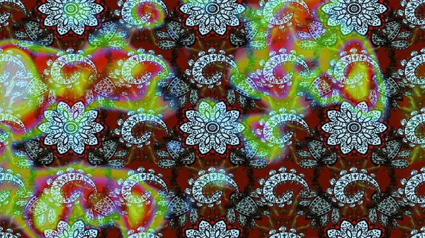 Asya tekstil tarzında. Raster illüstrasyonu. Çiçek desenli çizim. Tarafsız ve yeşil renklerde çiçekler. Raster illüstrasyonu.