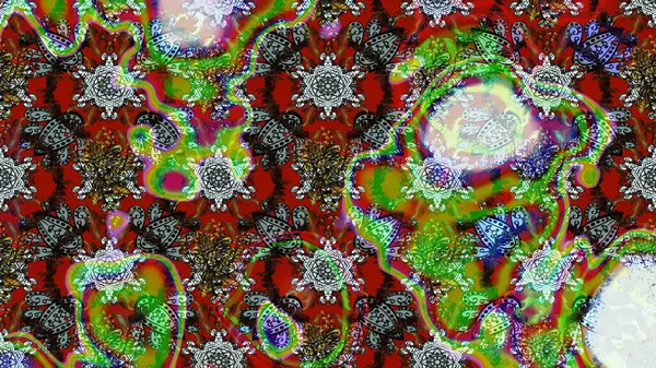 Renkli süs kenarı. Hint süsü. Çizim kalıbı. Raster illüstrasyonu. Çiçek duvar kağıdı. Yeşil ve kahverengi renklerde.