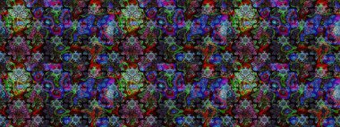 Raster illüstrasyonu. El çizimi çiçekli soyut çizim kalıbı. Siyah ve mavi renkte çiçekler.