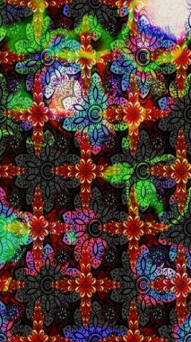 Çiçek desenli çizim. Asya tekstil tarzında. Raster illüstrasyonu. Raster illüstrasyonu. Siyah ve gri renkte çiçekler.