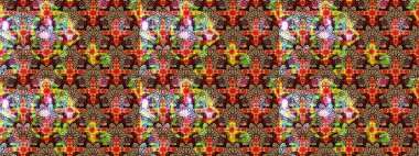 Kırmızı ve siyah renkte etnik çiçeklerle süslenmiş zarif bir eskiz şekli. Asya Tekstil 'inde Raster Çiçek İllüstrasyonu.