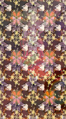 Kahverengi renkte çok kahverengi, zarif küçük çiçekler ve komik böcekler, raster desen, illüstrasyon.