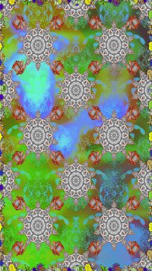 Raster illüstrasyonu. Şirin çiçekli kusursuz desen ve yeşil ve gri renkli yapraklar, suluboya çiçek deseni, duvar kağıdı, kart veya kumaş için fayanslı.