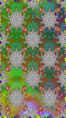 Küçük çiçekteki sevimli çiçek deseni. Raster illüstrasyonu. Yeşil ve gri renkte çiçekler.