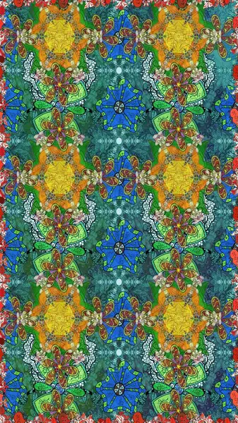 Yeşil ve mavi renkte çiçekler. Küçük çiçekte sevimli çiçek deseni var..