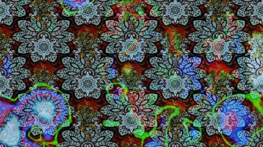 Raster illüstrasyonu. Mavi ve siyah kıvırcık çiçekler mavi ve siyah renklerde şekillenir. Klasik çiçek tasarım elementleri.