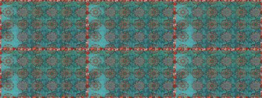 Renkli desenli, mavi ve yeşil çiçekli ve dekoratif elementli kusursuz desen. Kusursuz bir geçmişi var. Raster illüstrasyonu. Kumaş, tekstil, duvar kağıdı baskısı için. Antika retro tarzı.