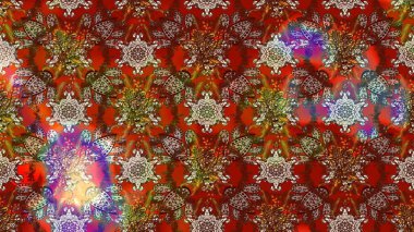 El çizimi çiçek unsurları olan soyut çizim raster deseni. Retro tekstil tasarım koleksiyonu. Çiçekli ipek eşarp. 1950-1960 motifleri. Kahverengi ve kırmızı üzerine kahverengi ve kırmızı.