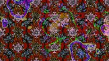 Parlak çiçekli kahverengi ve kırmızı renkler üzerine soyut çizim deseni. Küçük çiçekte hoş bir çiçek deseni var. Çiçek elementli zarif raster dokusu..