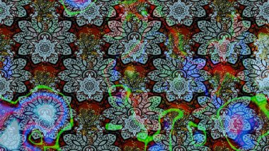 Raster illüstrasyonu. Mavi ve siyah kıvırcık çiçekler mavi ve siyah renklerde şekillenir. Klasik çiçek tasarım elementleri.