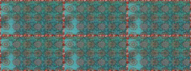 Renkli desenli, mavi ve yeşil çiçekli ve dekoratif elementli kusursuz desen. Kusursuz bir geçmişi var. Raster illüstrasyonu. Kumaş, tekstil, duvar kağıdı baskısı için. Antika retro tarzı.