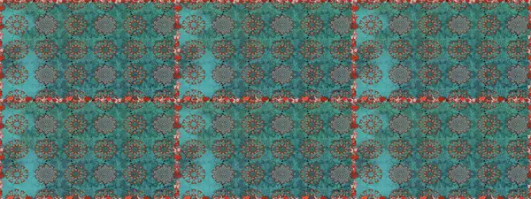 Renkli desenli, mavi ve yeşil çiçekli ve dekoratif elementli kusursuz desen. Kusursuz bir geçmişi var. Raster illüstrasyonu. Kumaş, tekstil, duvar kağıdı baskısı için. Antika retro tarzı.