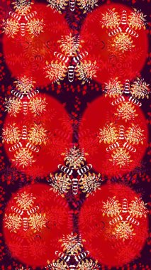 Şirin çiçekli eskiz deseni ve kırmızı renklerde yapraklar, suluboya çiçek deseni, duvar kağıdı, kart veya kumaş için fayanslı. Raster illüstrasyonu.