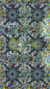 Retro tekstil tasarım koleksiyonu. El çizimi çiçek unsurları olan soyut, dikişsiz raster deseni. 1950-1960 motifleri. Çiçekli ipek eşarp. Gri ve mavi üzerine gri ve mavi.