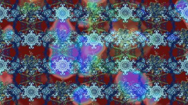 Raster Floral Illustration, Asyalı tekstil. Mavili ve kırmızılı etnik çiçeklerle zarif eskiz deseni.