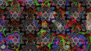 Eski usul. Kumaş, tekstil, duvar kağıdı baskısı için. Raster illüstrasyonu. Eskiz geçmişi. Renkli desenli eskiz deseni, siyah ve gri çiçekler ve dekoratif elementler.