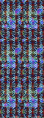 Raster Floral Illustration, Asyalı tekstil. Mavili ve kırmızılı etnik çiçeklerle zarif eskiz deseni.