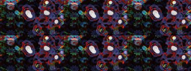 Çiçek desenli çizim. Raster illüstrasyonu. Siyah ve mor renkli Asya tekstili.