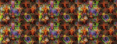 Raster deseni. Karalama çiçekleri çizim kalıbı. Sanat esinlenerek ve siyah tarzda çiçekler bırakarak arka planda kalır. Kahverengi ve siyah el çizimi desen.