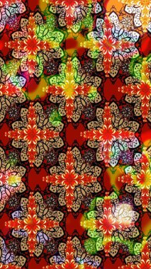 Çiçeksel çizim kalıbının yansıması. Vadinin çiçekleri kırmızı ve siyah renklerde.