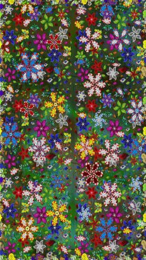 Raster illüstrasyonu. Yeşil ve mavi renkte çiçekler. Asya tekstil tarzında. Kusursuz çiçek deseni. Raster illüstrasyonu.