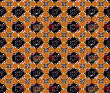 Çiçek desenli çizim. Turuncu renkli Asya tekstili. Raster illüstrasyonu.