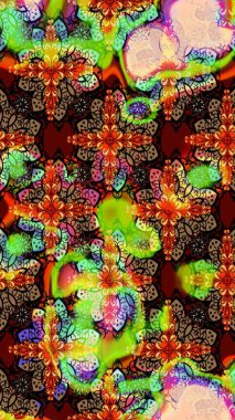 Parmak izi, kumaş, duvar kâğıdı, tekstil için raster dokusu. Renkli grunge, soyut arkaplanı, koyu kahverengi ve siyah çiçeklerle süslüyor. Nakış desenli çiçek deseni..