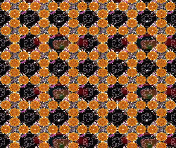 Çiçek desenli çizim. Turuncu renkli Asya tekstili. Raster illüstrasyonu.