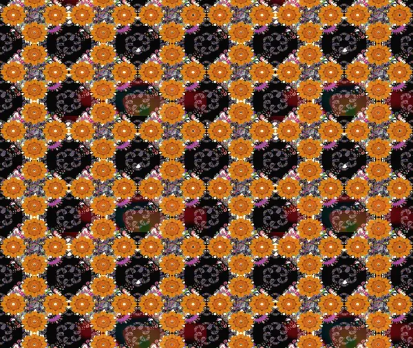 Çiçek desenli çizim. Turuncu renkli Asya tekstili. Raster illüstrasyonu.