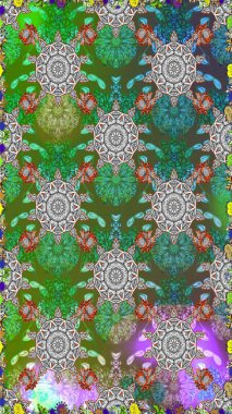 Raster Güzel kumaş deseni. Raster suluboya deseni, narin çiçekler, yeşil ve gri çiçekler, tebrik kartı şablonu..