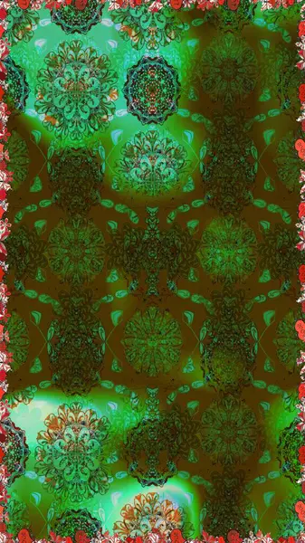 Yeşil renkte çiçekler. Renkli Bahar Temalı, pürüzsüz bir arka plan. Düz Çiçek Elementleri Tasarım Raster illüstrasyonu. Çiçekli, suluboya desenli kusursuz çiçek deseni.