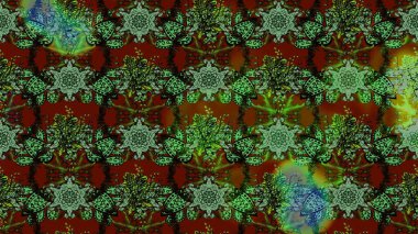 Raster illüstrasyonundaki çiçek desenli çizim. Suluboya tarzında yeşil ve kahverengi renkte çiçekler.