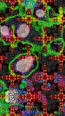 Çok yeşil ve siyah zarif küçük çiçekler ve yeşil ve siyah renkli komik böcekler, raster desen, illüstrasyon.