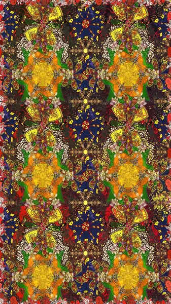 Raster illüstrasyonu. Küçük çiçekli kusursuz yay deseni. Suluboya tarzında kahverengi ve sarı renkler üzerine.