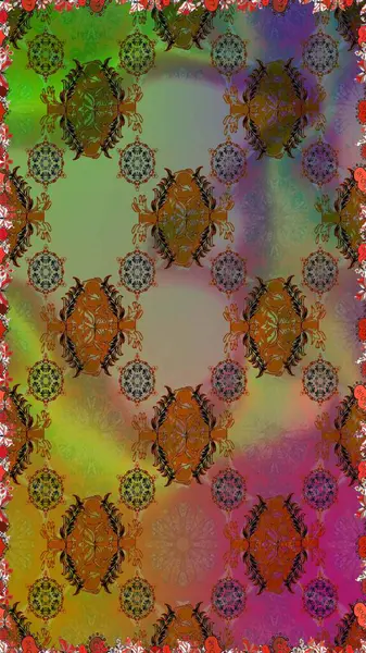 Parlak renkli fantezi çiçekleri, yapraklar, kahverengi ve yeşil renkli tomurcuklar kahverengi ve yeşil. Çiçeksiz desenli, suluboya elle çizilmiş elementler..