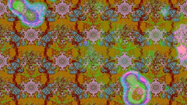 Kumaş, tekstil, duvar kağıdı baskısı için. Raster illüstrasyonu. Renkli desenli eskiz deseni, kahverengi ve yeşil çiçekler ve dekoratif elementler. Eskiz geçmişi. Antika retro tarzı.