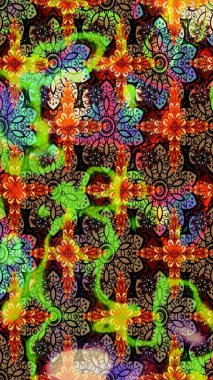 Çiçek desenli çizim. Siyah ve yeşil renkli çiçekler. Asya tekstil tarzında. Raster illüstrasyonu. Raster illüstrasyonu.