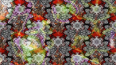 Suluboya elle çizilmiş çiçek desenli eskiz deseni. Parlak renkli fantezi çiçekleri, yapraklar, gri renkli tomurcuklar.