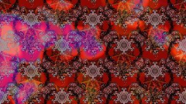 Kahverengi ve kırmızı kahverengi ve kırmızıya. 1950-1960 motifleri. Retro tekstil tasarım koleksiyonu. Çiçekli ipek eşarp. El çizimi çiçek elementleri ile soyut çizim raster deseni.