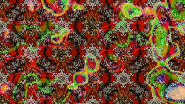 Çok kahverengi ve kırmızı zarif küçük çiçekler ve kahverengi ve kırmızı renkli komik böcekler, raster desen, illüstrasyon.