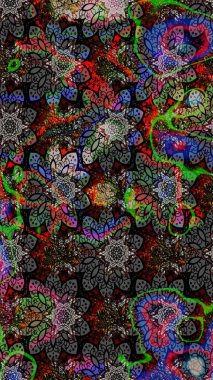 Raster illüstrasyonu. Eskiz geçmişi. Renkli desenli eskiz deseni, siyah ve gri çiçekler ve dekoratif elementler. Eski usul. Kumaş, tekstil ve duvar kağıdı baskısı için..