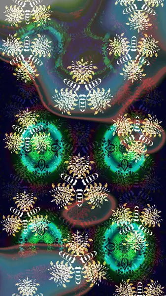 Modern çiçek arkaplanı. Moda baskıları için zarif bir şablon. Halk tarzı. Parlak renkli çiçekleri ve mavi yaprakları olan harika bir çiçek deseni..