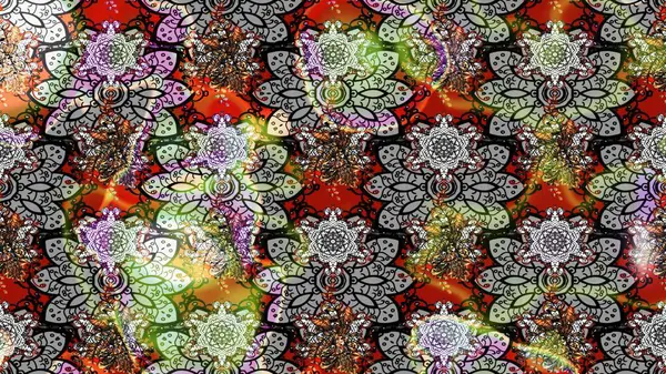 Suluboya elle çizilmiş çiçek desenli eskiz deseni. Parlak renkli fantezi çiçekleri, yapraklar, gri renkli tomurcuklar.