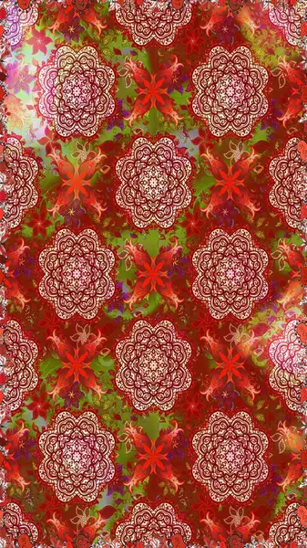 Arkaplan dokusu, duvar kağıdı, kırmızı ve kahverengi renkli çiçek teması. Kabile sanatı boho baskısı, klasik çiçek arkaplanı. Soyut etnik raster pürüzsüz desen.