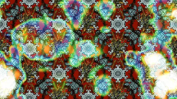 Raster illüstrasyonu. Çiçek desenli çizim. Yeşil ve nötr renklerde Asyalı tekstil.