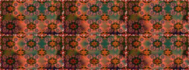 Raster illüstrasyonu. Çiçeklerle suluboya desenli çiçek deseni. Kahverengi ve yeşil renkli Asyalı tekstil.